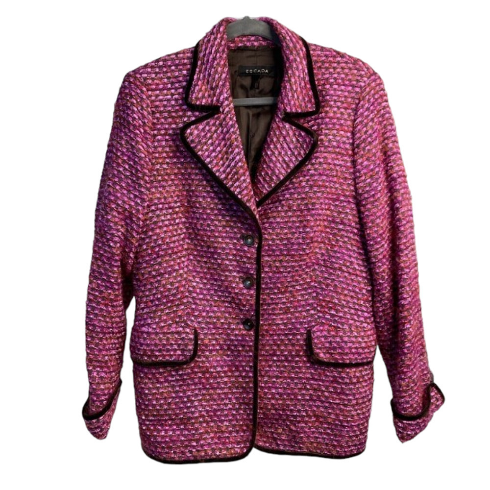 Escada Pink Tweed Blazer Jacket Womens Size 42 Velvet Trim Boucle Single Breast
